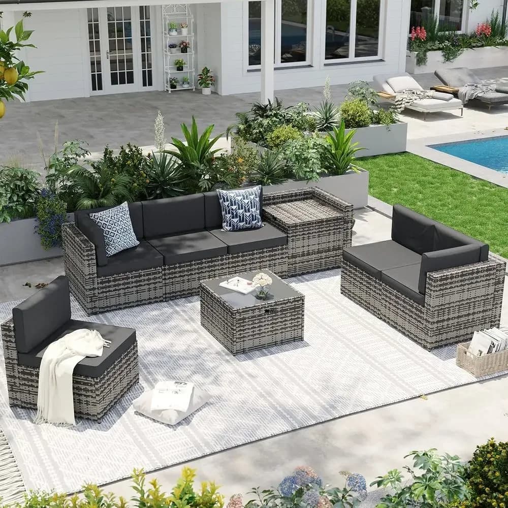 8-Piece Outdoor Wicker Sectional Sofa Set with Storage Table and Waterproof Cover for Patio and Garden (Grey/Black)