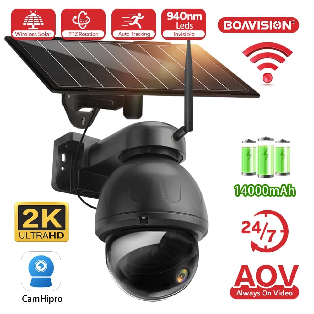 AOV WIFI Solar Camera Outdoor with 940nm Infrared Invisible Night Vision 2K 3MP Metal Housing Solar Powered Security Camera PTZ