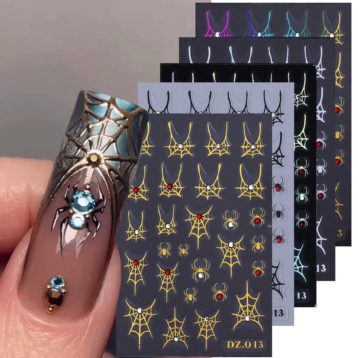 5pcs Halloween French Spider Web Nail Decal With Rhinestone Kawaii Bow Heart Crystal Gems Spider Metallic Laser Manicure Sticker