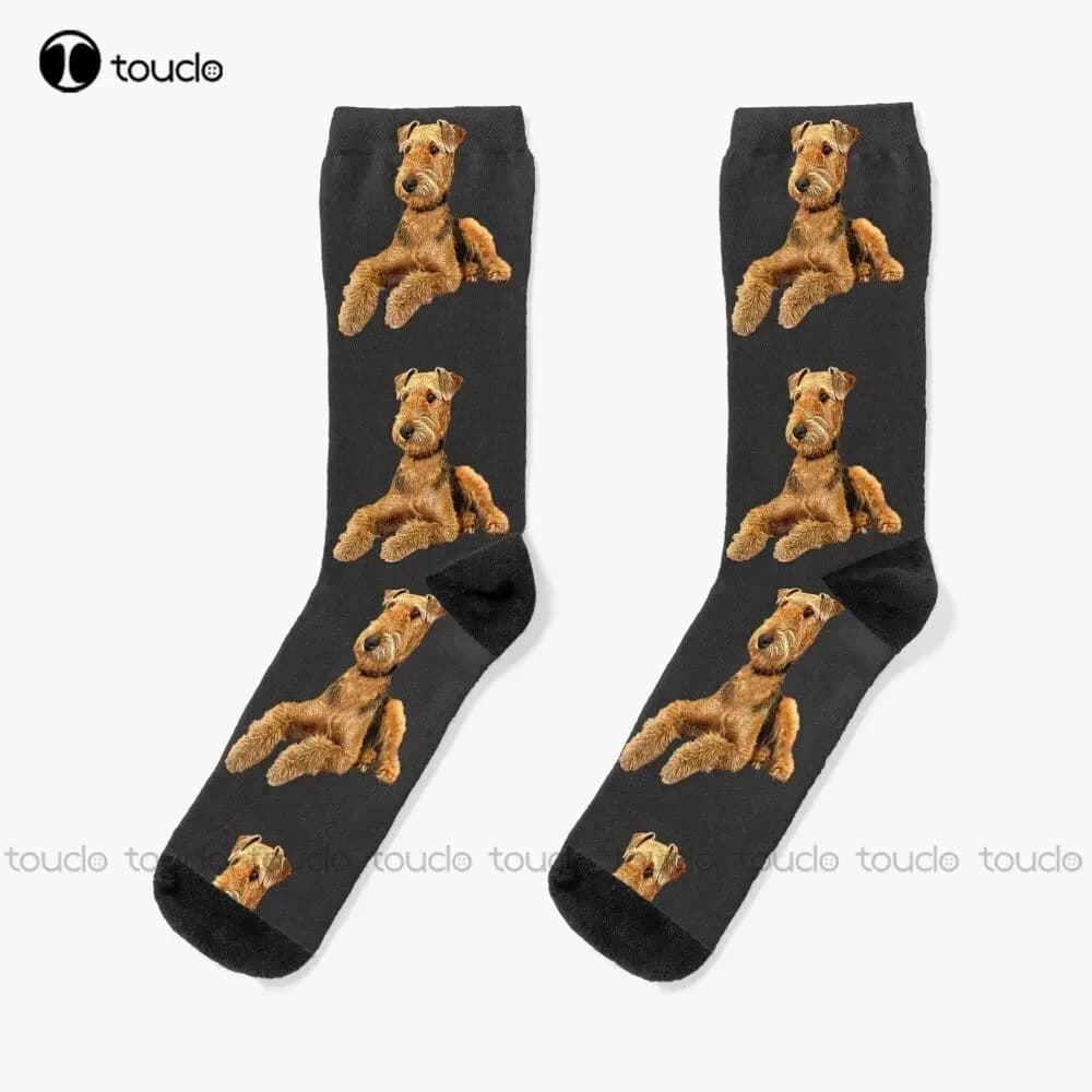 Calzini per cani belli Airedale Terrier Calzini bianchi da donna 360 ° Calzini per adolescenti adulti unisex personalizzati personalizzati con stampa digitale Art