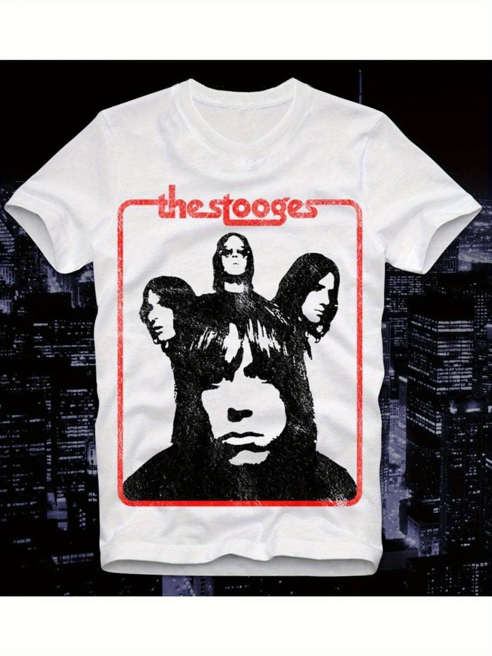 Men's Retro The Stooges & Iggy Pop Punk Rock Band Graphic T-Shirt, featuring the famous Stooges logo and Iggy Pop's face print.