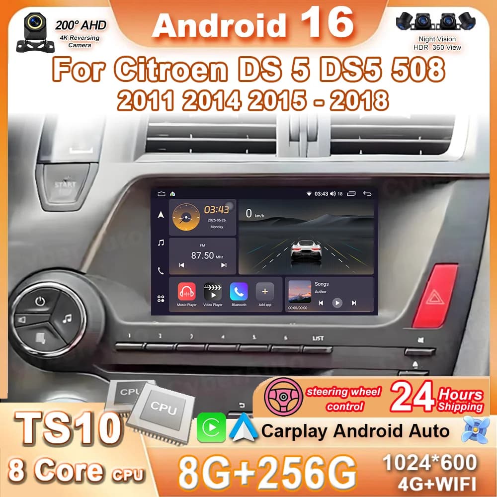 Carplay Android Auto Autoradio Per Citroen DS 5 DS5 508 2011 2014 2015 - 2018 Multimedia Video Navigazione Touch Screen 4G No 2IN