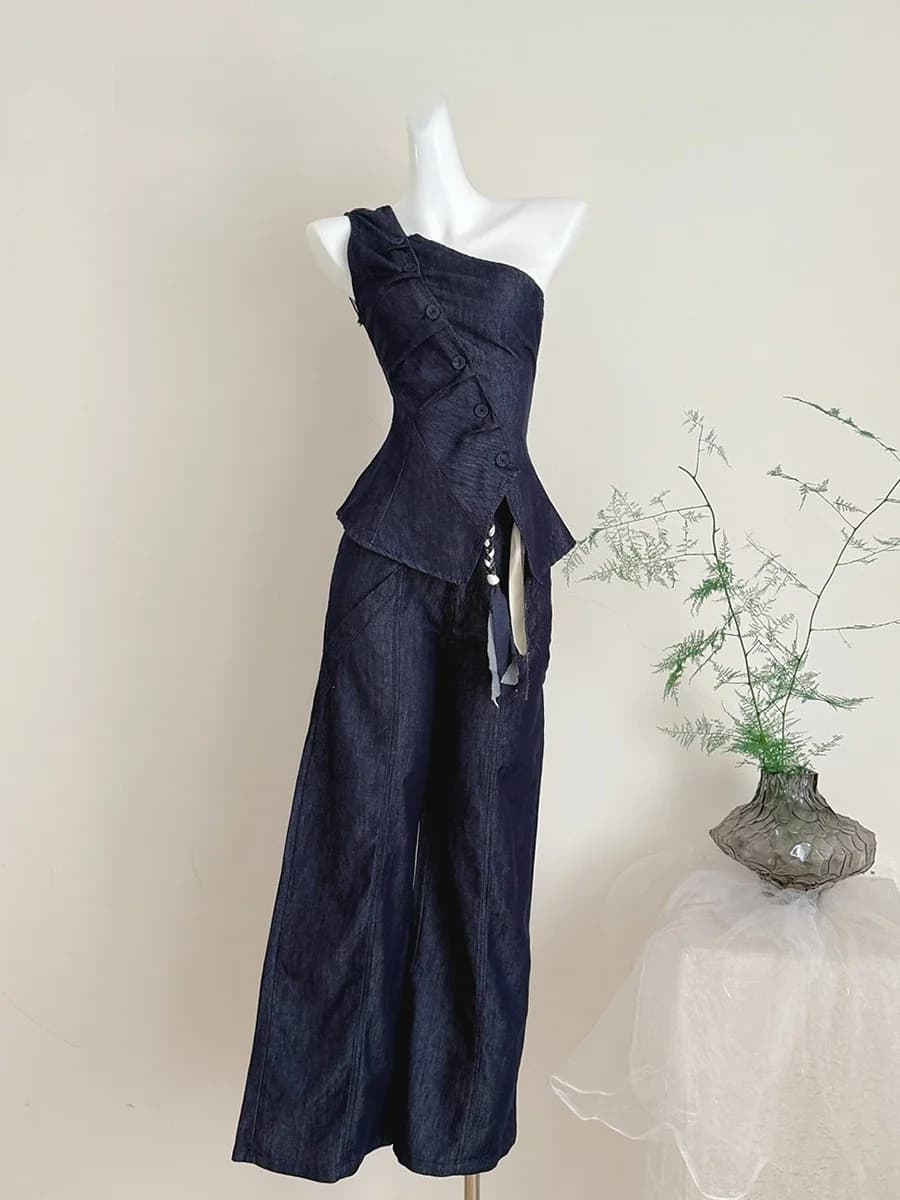 Fashionable Luckyman Nise Old Street Slant Shoulder Denim Skirt Vest High Waist Wide Leg Pants Set Polyester Fiber 100%