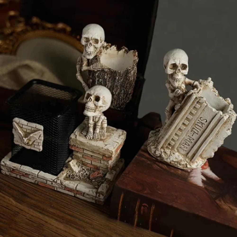Portapennelli ABMH - Statua Scheletro di Halloween in Resina, Contenitore per Matite, Organizer da Scrivania per Penne