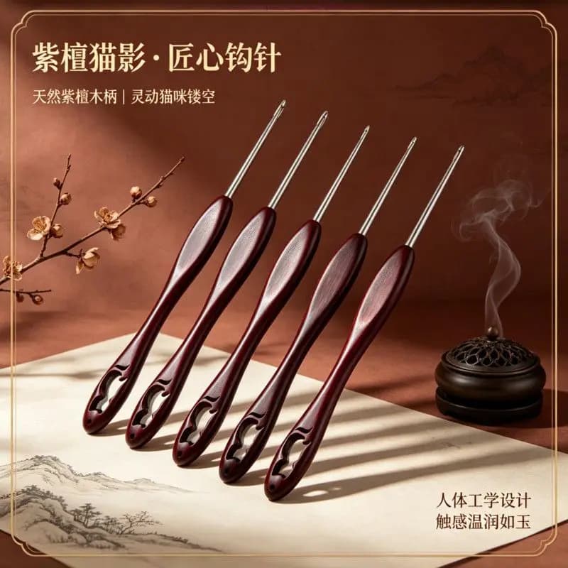 Hollow Cat Sandalwood Crochet Hook Handle Stainless Steel Polishing Crochet Head DIY Doll Hat Suitable For Beginners