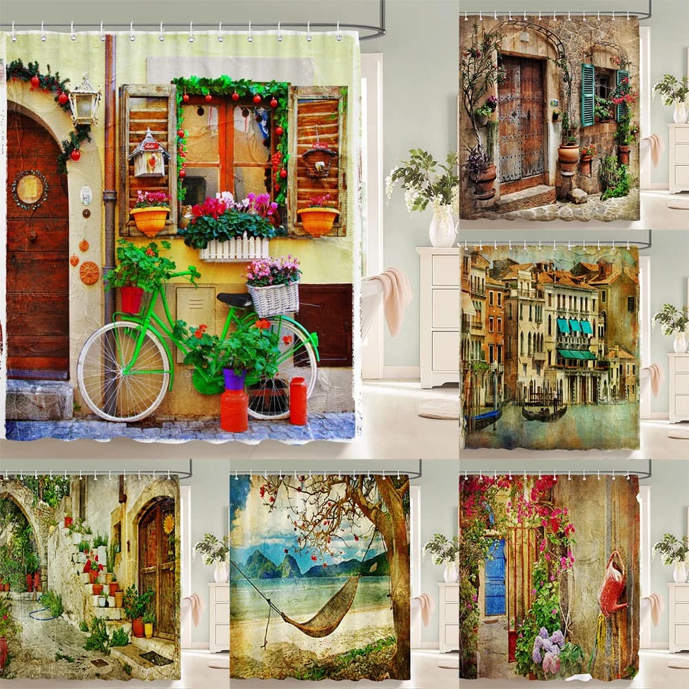 Tenda da doccia impermeabile per bagno con stampa di paesaggi di strada in stile europeo 3D, tenda in poliestere, tende per la decorazione della casa