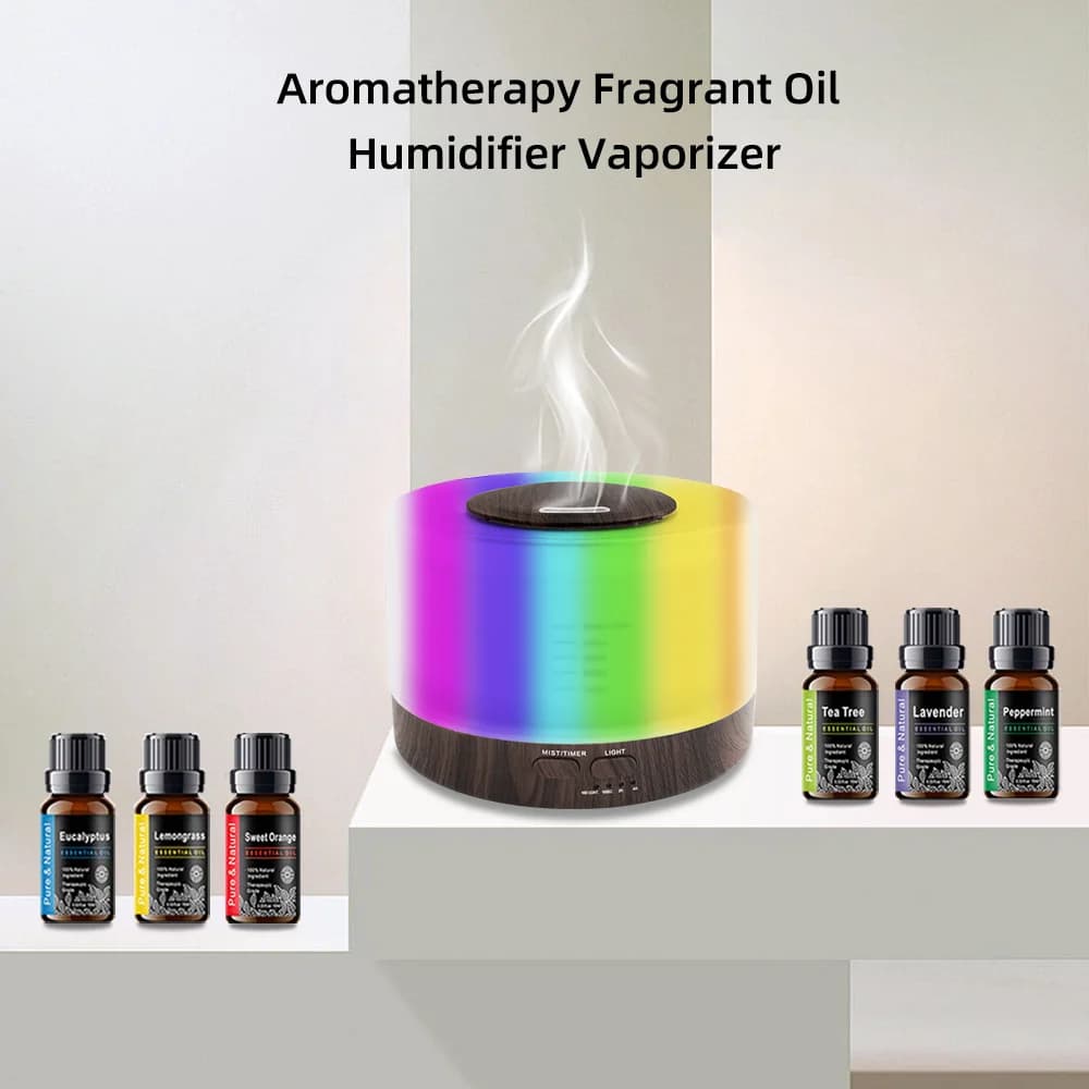 Diffusore di aromaterapia ad ultrasuoni con venature del legno da 550 ml con telecomando Luce LED a 7 colori e umidificatore a nebbia fredda a 6 oli essenziali