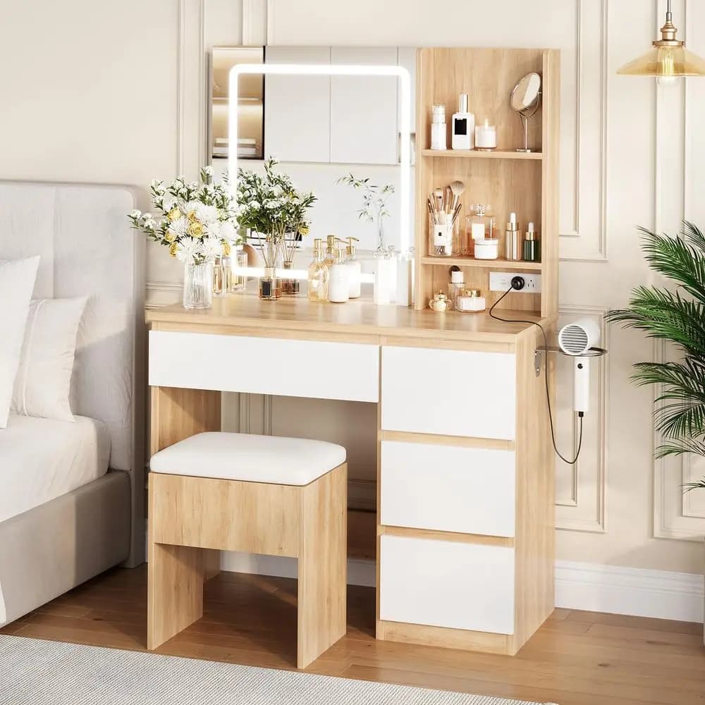 Scrivania con Specchio e Luce LED, Tavolo da Trucco con 4 Cassetti, Presa di Corrente, Sgabello Contenitore, Ripiani Portaoggetti e Supporto per Asciugacapelli