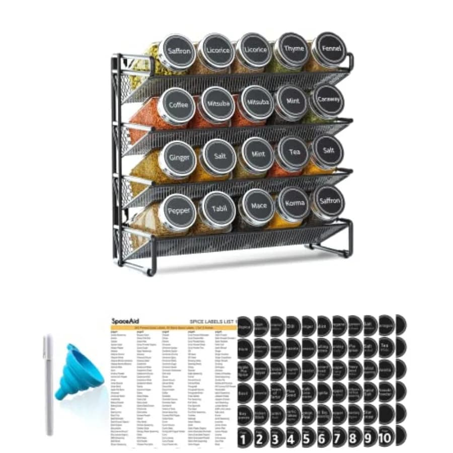 Organizzatore per Spezie con 20 Barattoli, 386 Etichette, Pennarello e Set Imbuto per Armadietto, Piano di Lavoro, Dispensa o Credenza
