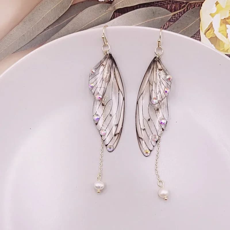 Minar Chic Rainbow Gradient Resin Butterfly Earring for Women Neon Color Rhinestone Sequins Cicada Wings Long Dangle Earrings
