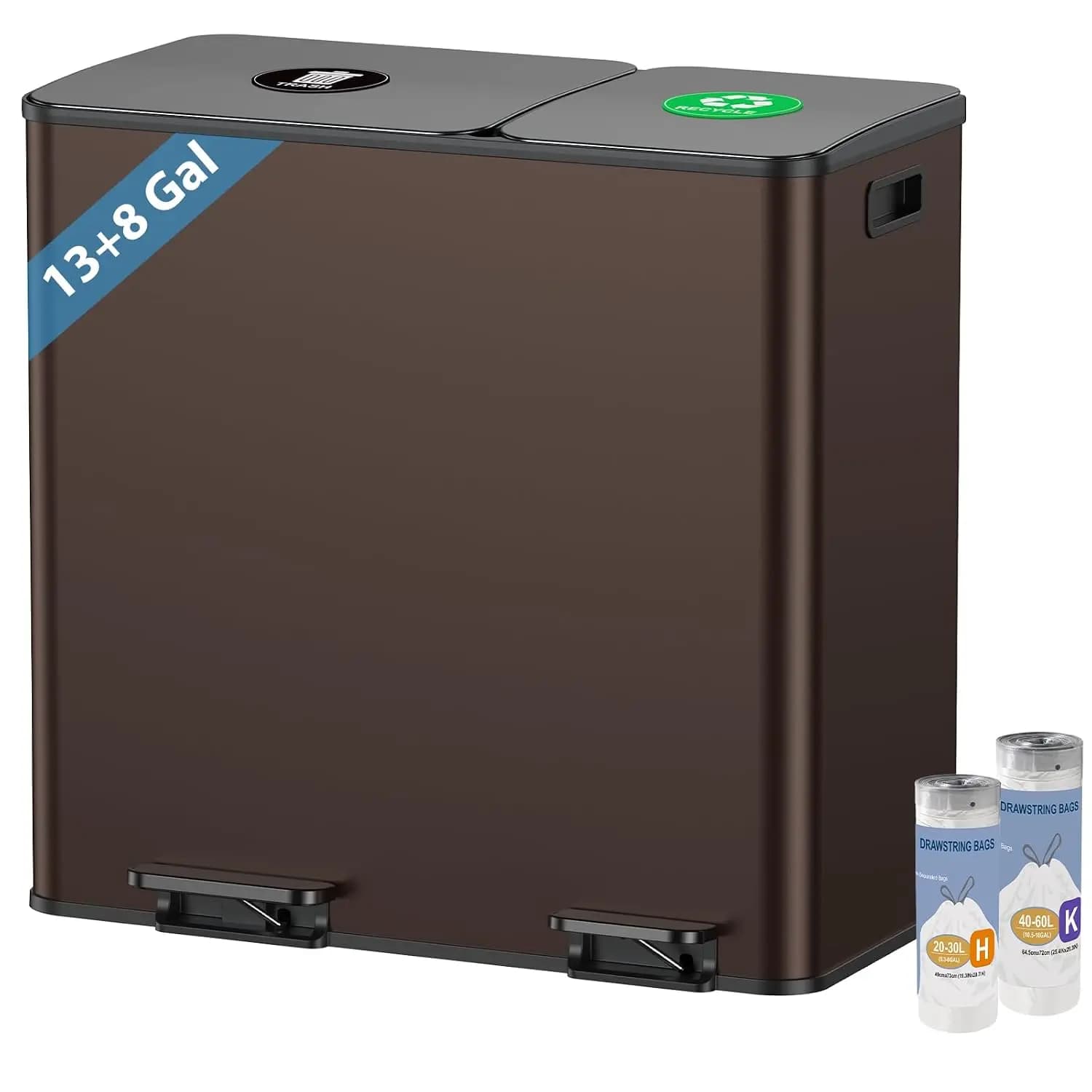 Dual Trash and Recycling Bins for Kitchen 13 and 8 Gallon Brown