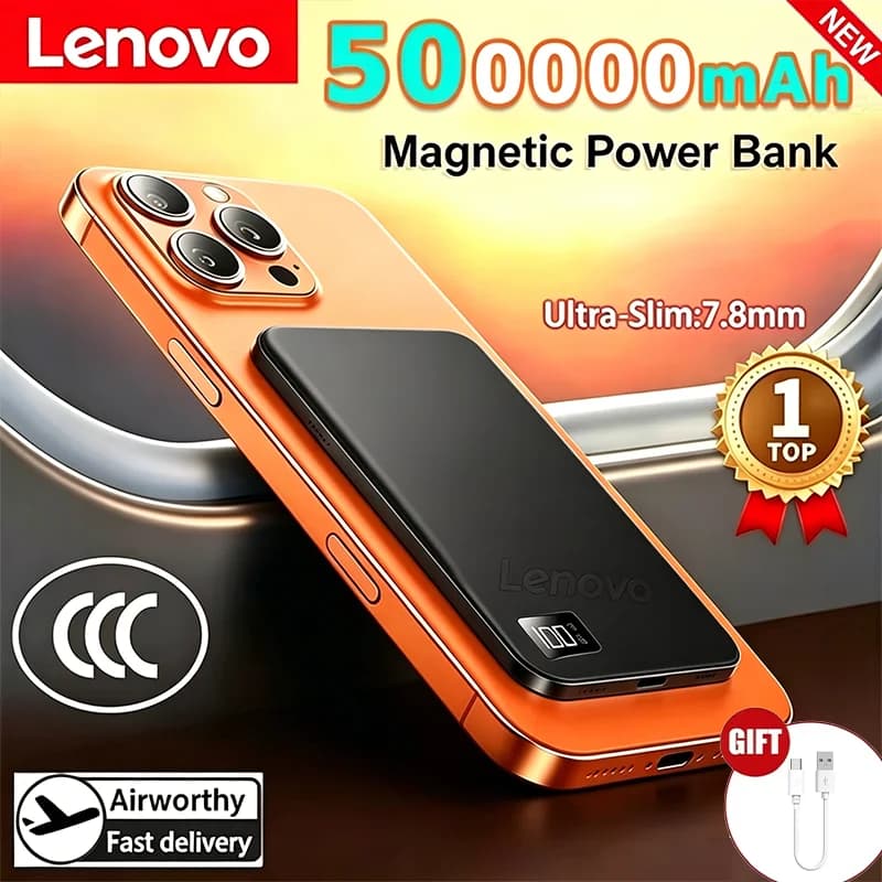Powerbank Magnetico Wireless Lenovo Certificato 3C da 500000mAh Ultra-sottile per MagSafe, Ricarica Rapida con Display Digitale