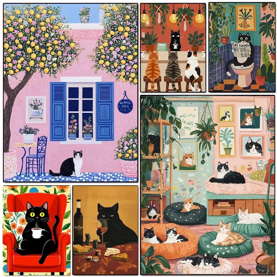 5D DIY Cute Cat in Cozy Home Diamond Painting, Whimsical Houseplant and Cat Handmade Exquisite Creative Gift Home Decoration