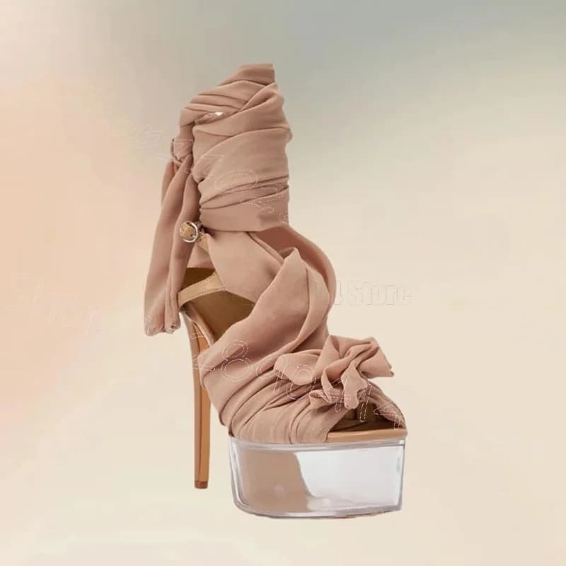 Sandali da Donna con Plateau Trasparente e Fiori in Rete Beige, Tacco Alto Sottile, Cinturino con Fibbia, per Feste e Banchetti 2026 - Zapatos Para Mujeres
