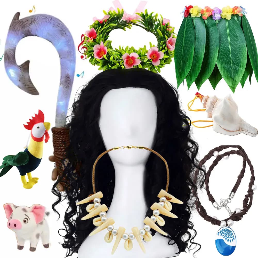 Costume da Fata Polinesiana Maui con Parrucca, Copricapo, Accessori per Festa a Tema Oceano, Moana, Guirlanda e Collana a Cuore