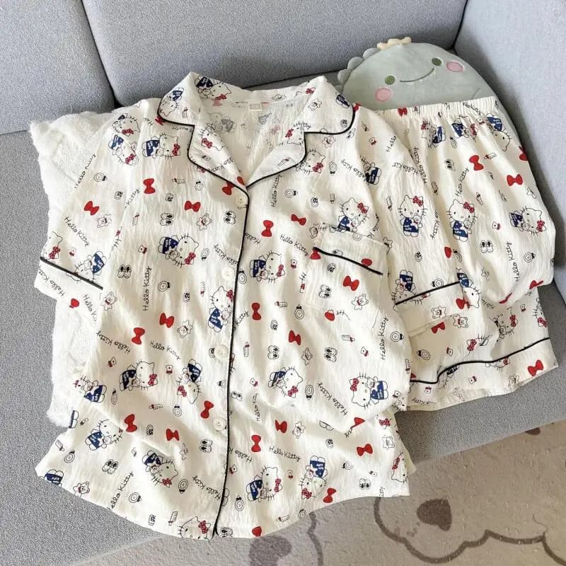 Set pigiama da donna Hello Kittys, top e pantaloncini a maniche corte con disegni di cartoni animati, set da 2 pezzi, vestiti estivi sottili, casual e comodi per la casa