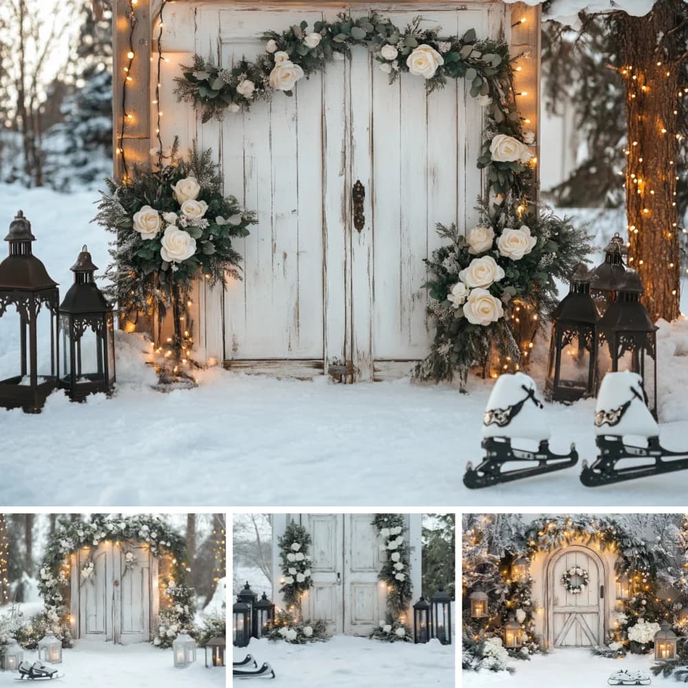 White Rustic Wood Door Winter Backdrop White Rose Floral Arch Vintage Black Lantern Ice Skates Snow Ground Shoot Background