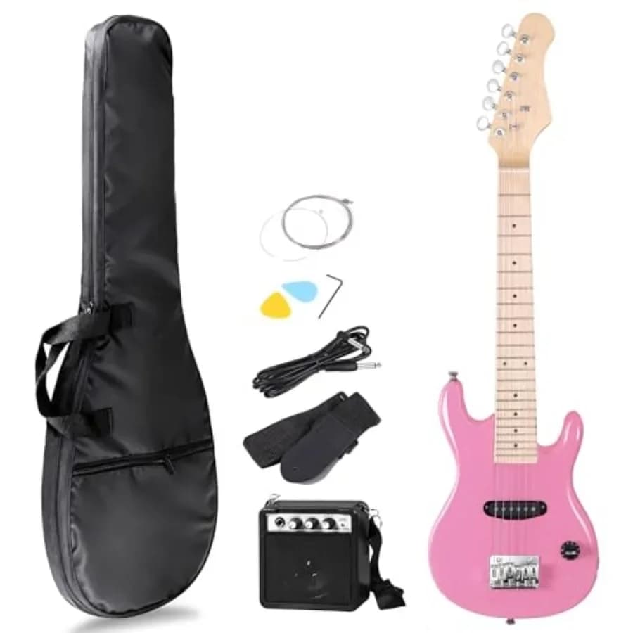 30 Inch Electric Guitar Starter Kit for:Solid Wood Body, Pink, Includes Amplifier, Picks, Gig Bag, Strap, Cable Accessories