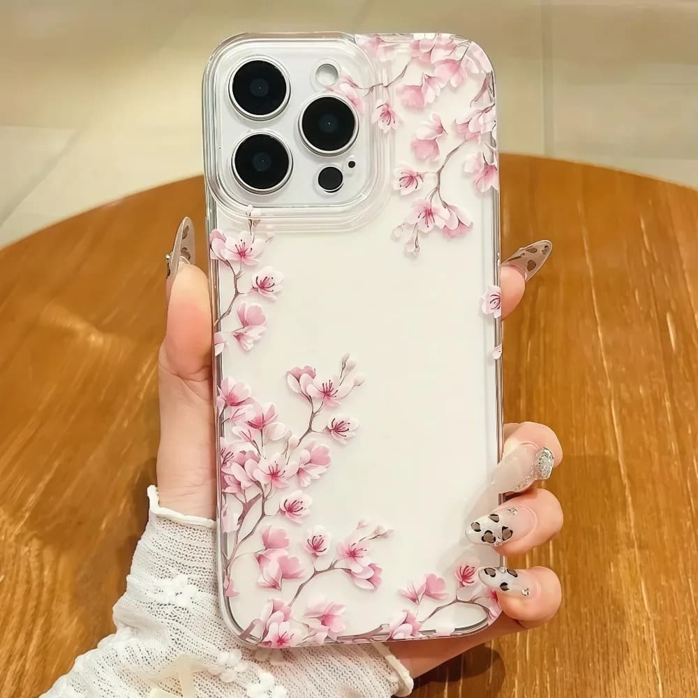 Custodia Protettiva Trasparente con Illustrazione di Fiori di Ciliegio Rosa per iPhone 17, 15, 14, 13, 12, 11 Pro Max, 8, 7 Plus