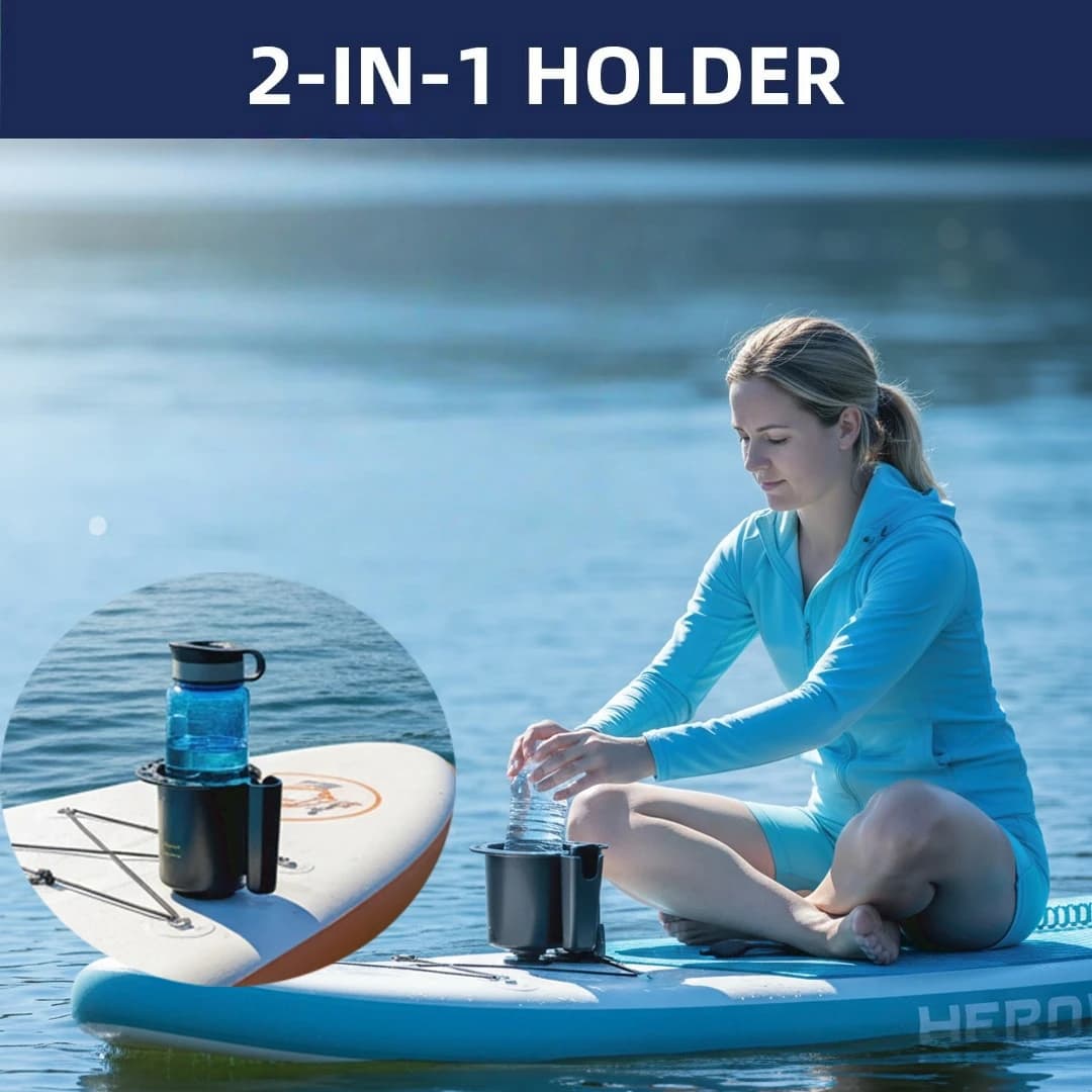 2-in-1 SUP Cup Holder with Phone Slot, Anti-Tip Bottle Mount, Multi-Hole Base Fits Paddle Boards, Kayaks & Fishing Boats