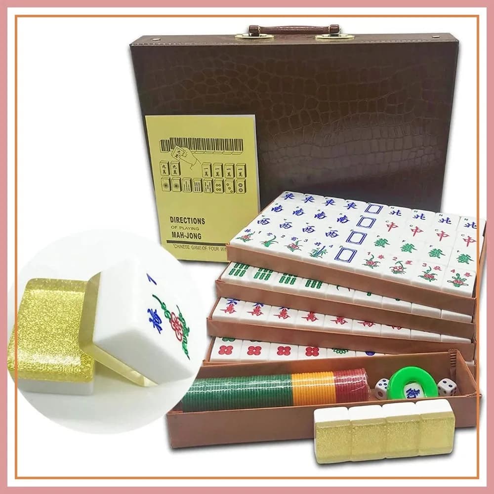 144 Grandi Tessere di Mahjong Cinese, Effetto Oro Scintillante, con Valigetta da Viaggio, Set Completo