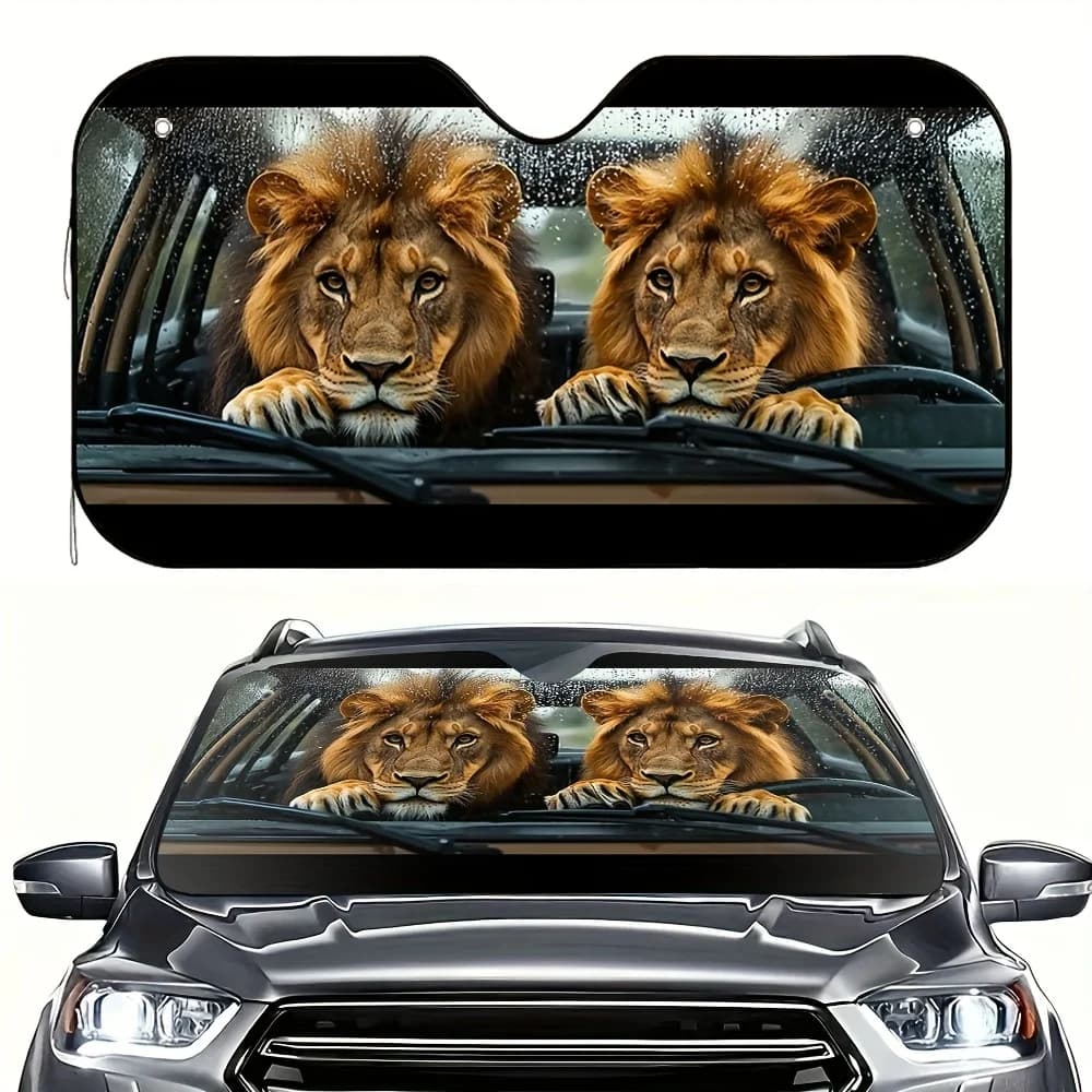 1pc Lion Twins Car Windshield Sun Shade - Fit Front Windows, Heat-Resistant Summer Sunlight Blocker With 4 Free Suction Cups, St
