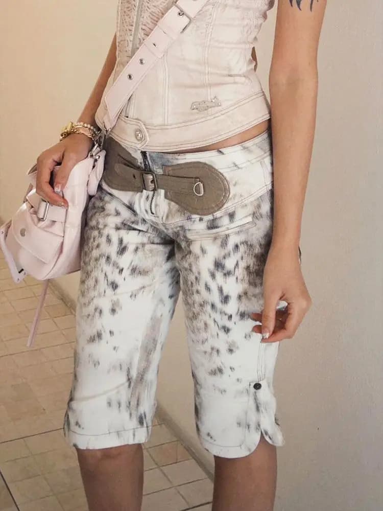 Pantaloncini Cargo da Donna in Denim Tie-Dye a Vita Alta con Cintura e Tasche con Cerniera, Stile Y2K, Casual Streetwear per Primavera Estate
