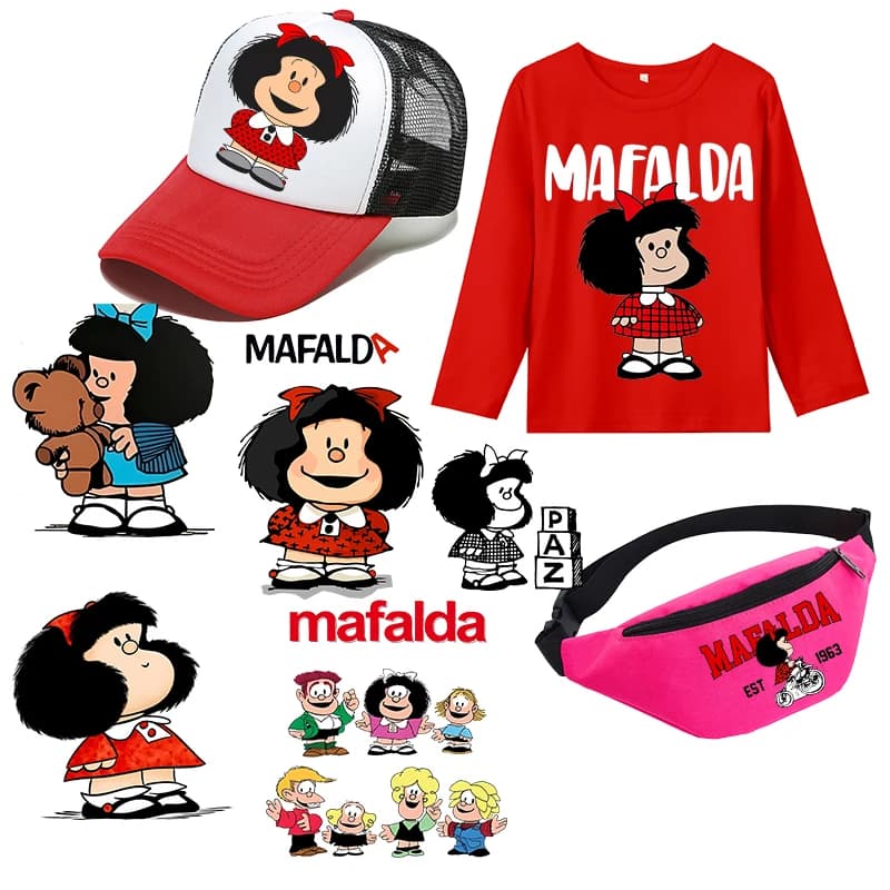 MAFALDA Adesivo Termotrasferibile con Stampa Cartoon per T-shirt, Felpe, Vestiti, Toppe Fai da Te, Applicazioni Termoadesive, Regalo di Compleanno
