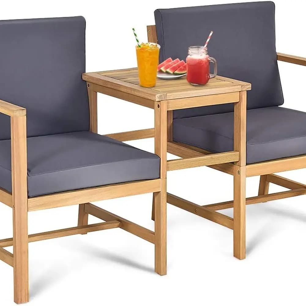 Set divanetto da 3 pezzi in legno di acacia con tavolo staccabile e sedie imbottite per il patio all'aperto