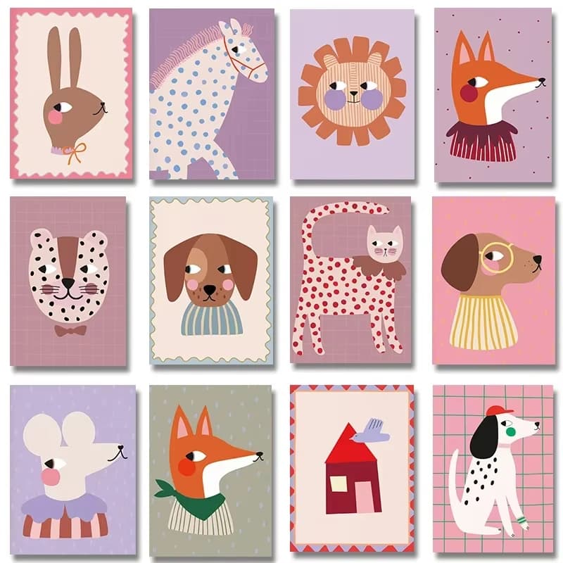 1 pezzo di pittura su tela senza cornice, simpatico gatto, volpe, cane, cavallo, coniglietto, pois rossi, illustrazione, poster, stampa su tela per la cameretta dei bambini