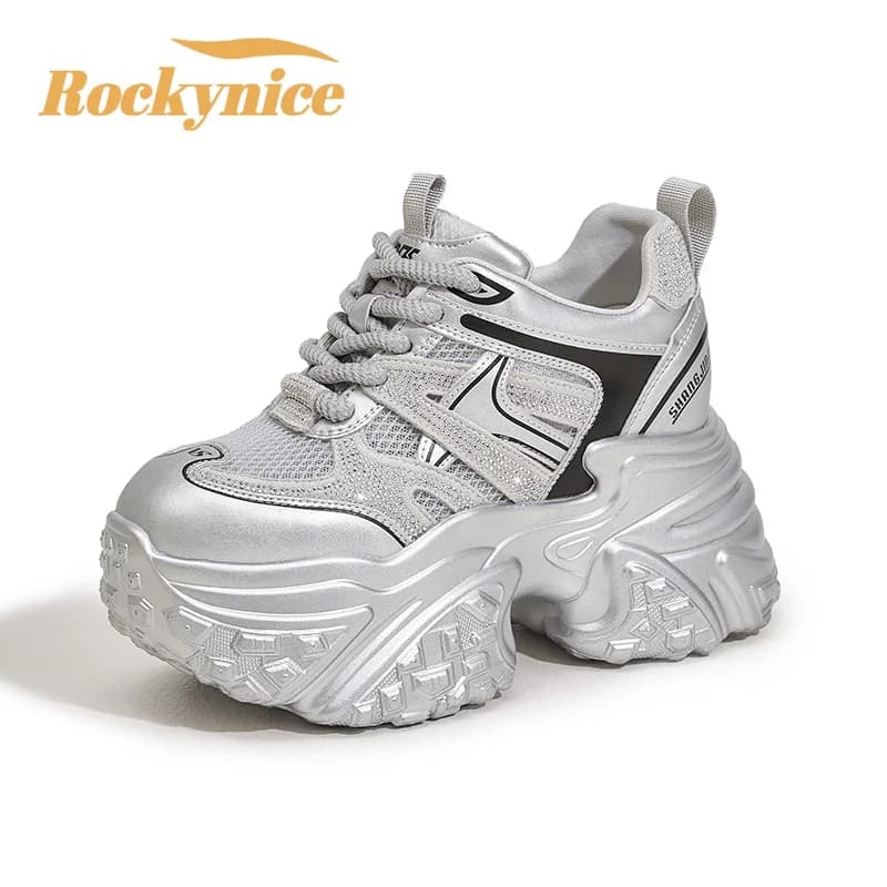 10CM Air Mesh Microfiber Leather Vulcanize Shoes High Platform Wedges Bling Chunky Sneakers Breathable Autumn Sports Dad Shoes