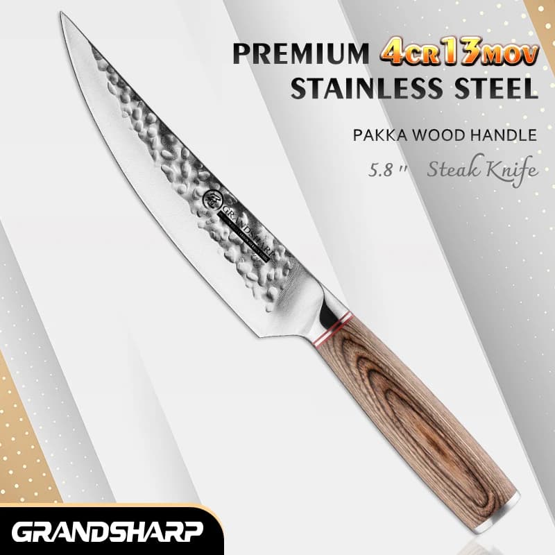 Grandsharp 6 Inch Steak Knife 4CR13 Stainless Steel Pakka Wood Handle 60 HRC Kitchen Chef Knives Cooking Knife with Box