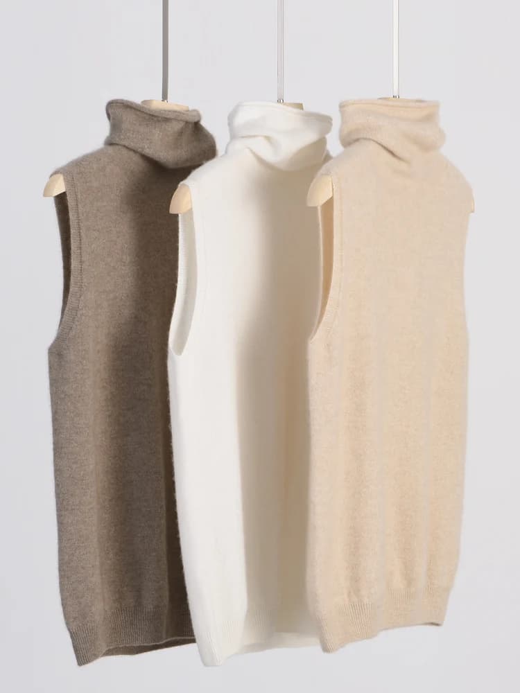 Women's 100% wool merino pullover sleeveless sweater high neck vests wool knitwear spring autumn winter vests fashion top