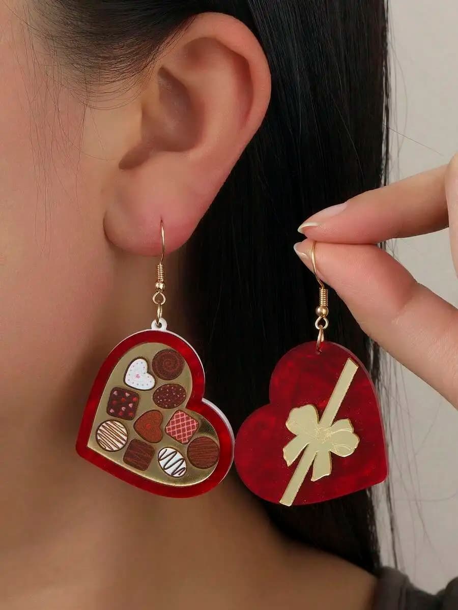 Heart Shaped Acrylic Drop Earrings With Chocolate Box And Bow Design For Women
