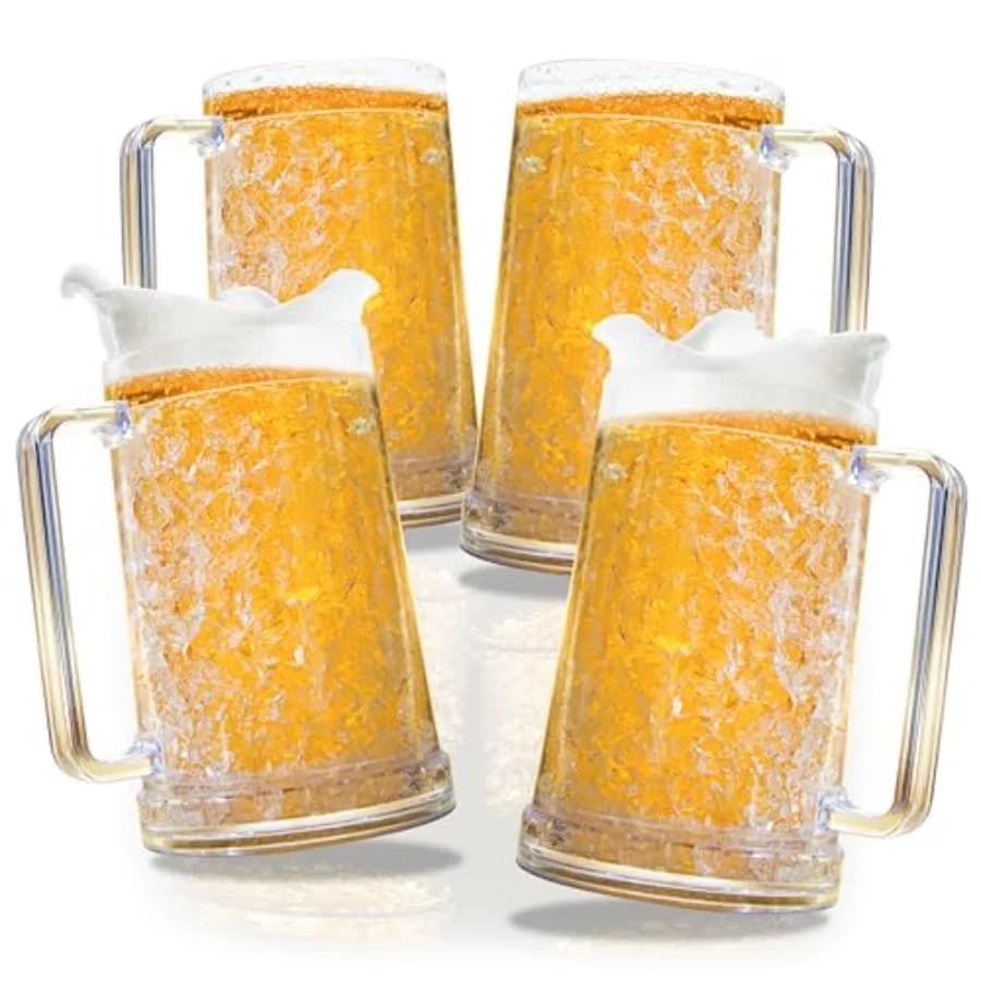 Set di 4 bicchieri da birra per congelatore, tazze in gel a doppia parete da 16 oz per congelatore, boccali da birra in plastica acrilica con manico, bicchieri per bevande fredde