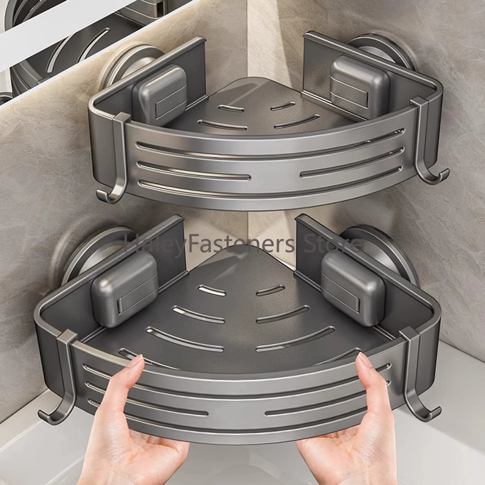 Mensola Angolare Triangolare per Doccia con Ganci, Ventosa, Senza Foratura, Organizzatore Bagno in Alluminio per Shampoo, Sapone, Stoccaggio Cucina