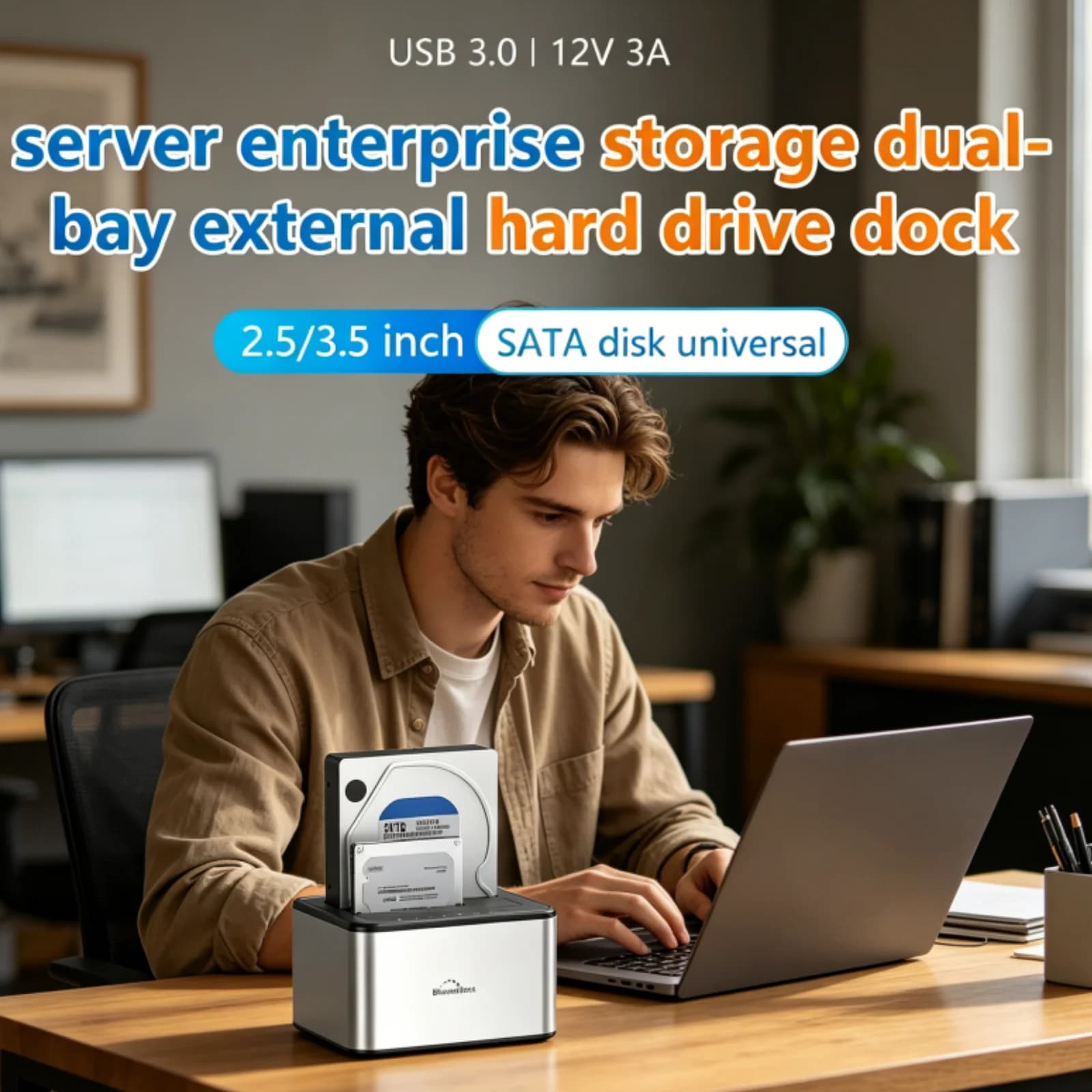 Docking Station per HDD a Doppia Baia con Clonazione Offline, Adattatore Duplicatore da SATA a USB 3.0, Case SSD per Dischi da 2.5/3.5 Pollici
