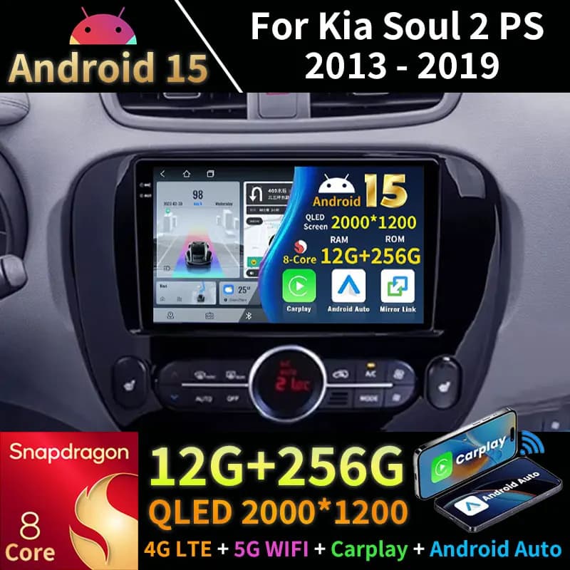 Sistema Android 15 Auto Carplay per Kia Soul 2 PS 2013-2019, Lettore Multimediale Auto Intelligente 8 Core, Display Touch con GPS, Wi-Fi 5G e Bluetooth