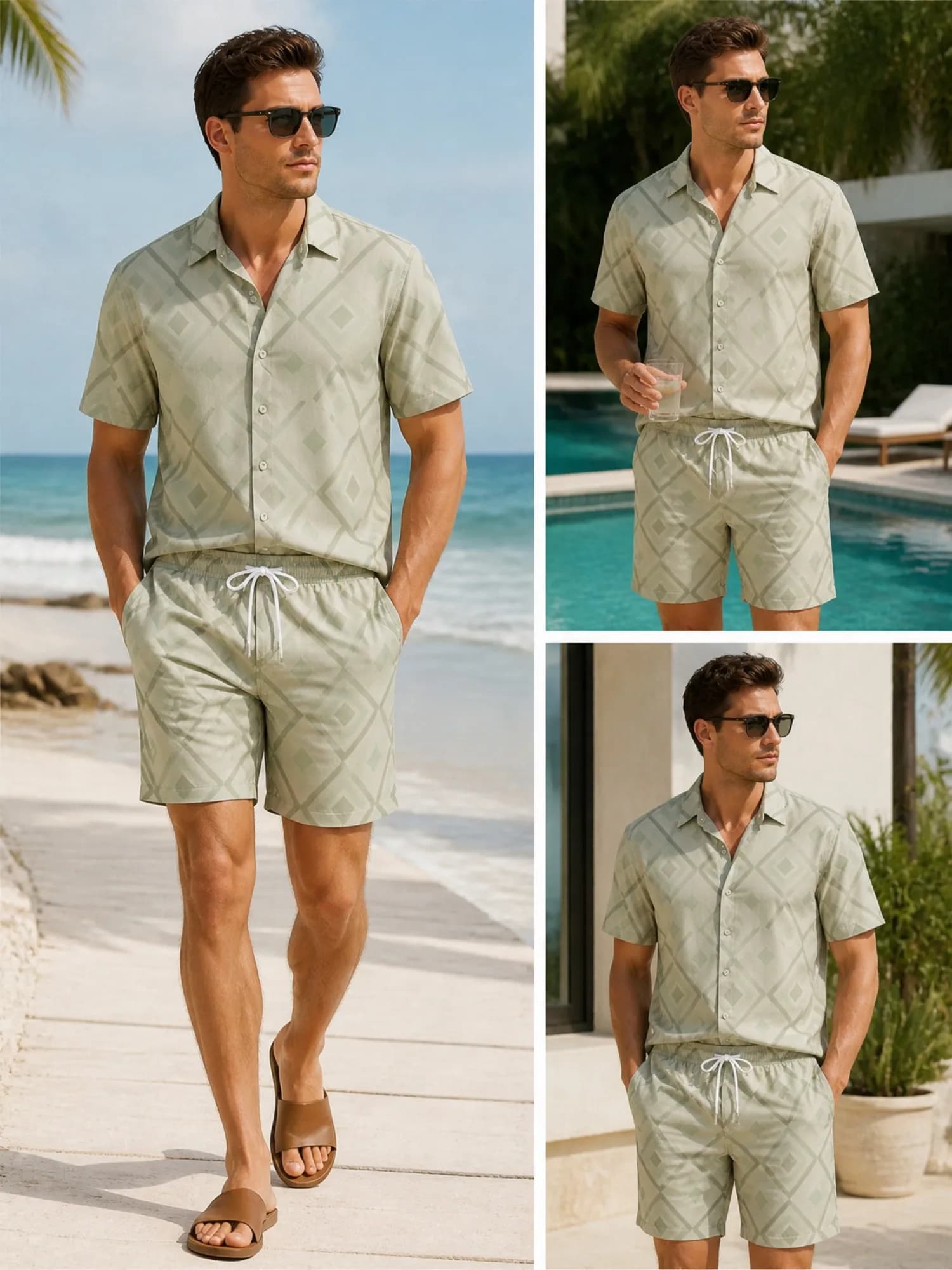 Mens Floral Short Sleeve Shirt and Drawstring Shorts Set Beach Vacation Casual Beach Two Piece Matching Resort Outfit Resortwear