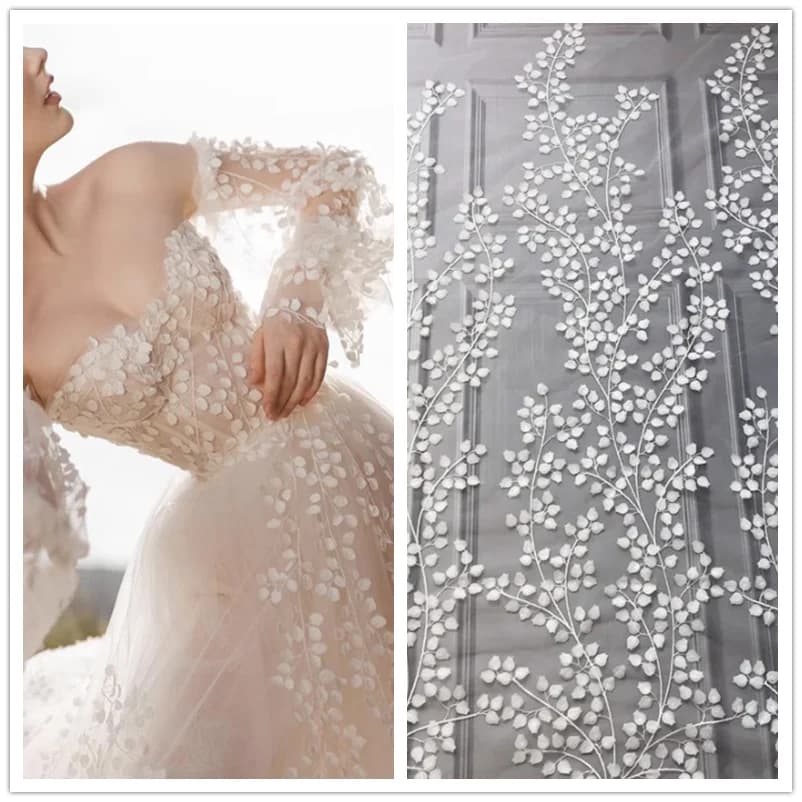 3D Flower Petal Branch Lace Fabric Wedding Dress Children's Clothing Fabric DIY Clothing Accessories RS2784