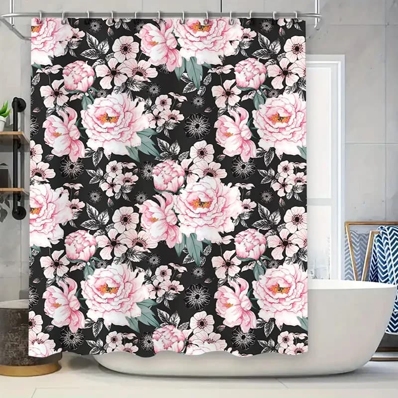 Tenda da doccia moderna floreale Nero Rosa Fiori bianchi Copri vasca decorativo Accessori per il bagno di casa per l'arredamento della festa nuziale
