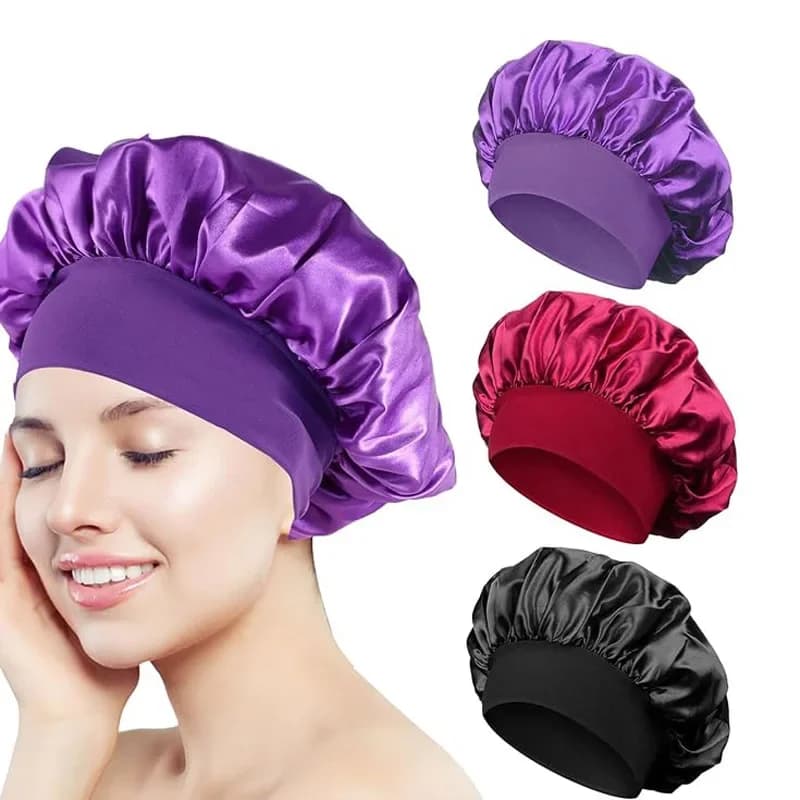 Women Satin Bonnet Hair Bonnet for Sleeping Hair Care Silk Bonnets Solid Wide-brimmed Sleeping Hat with Elastic Soft Band