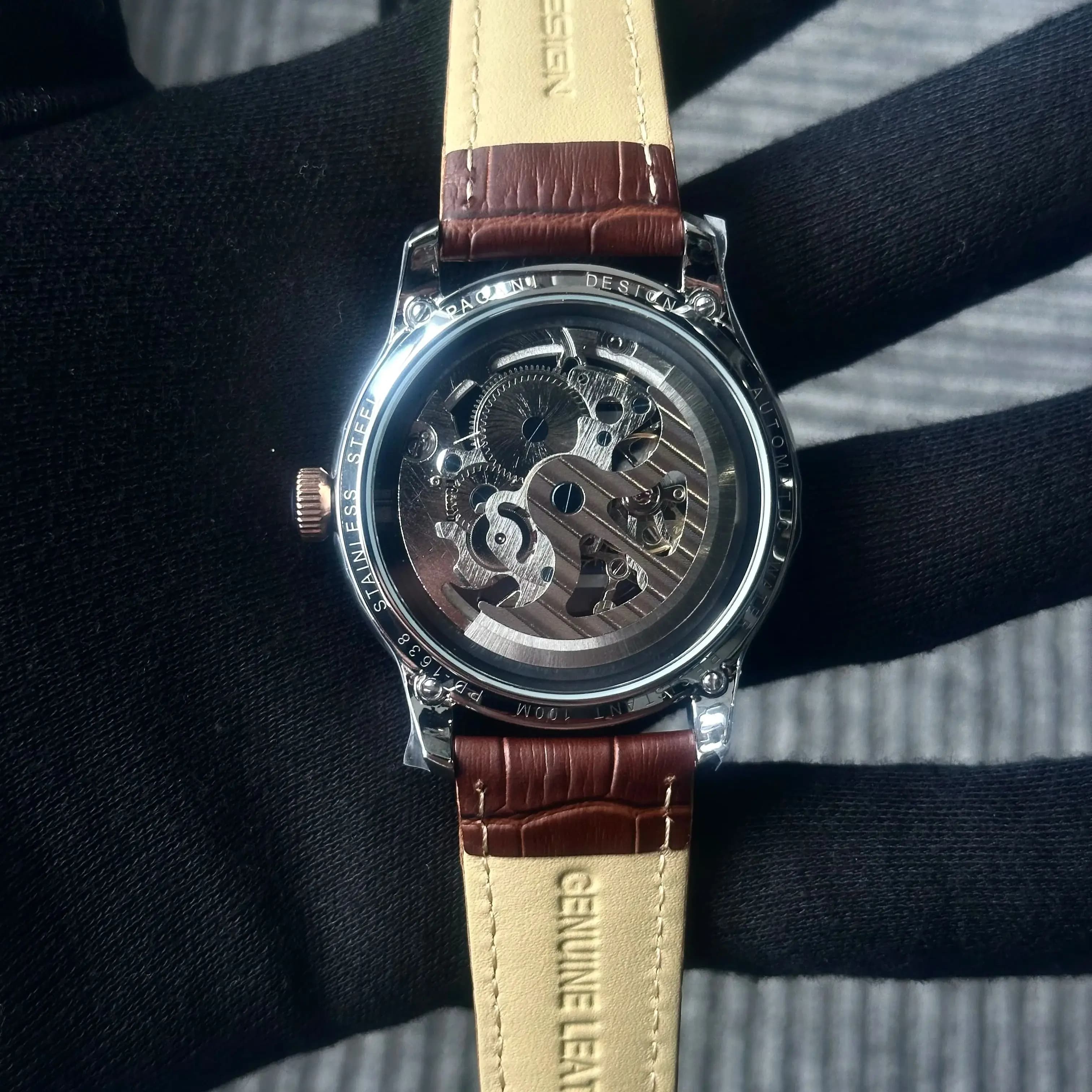 PAGANI DESIGN Men's Mechanical Watch For Sale, Genuine Leather Strap, Scheletrated Design, Fashion Casual Business, High Durability Glass