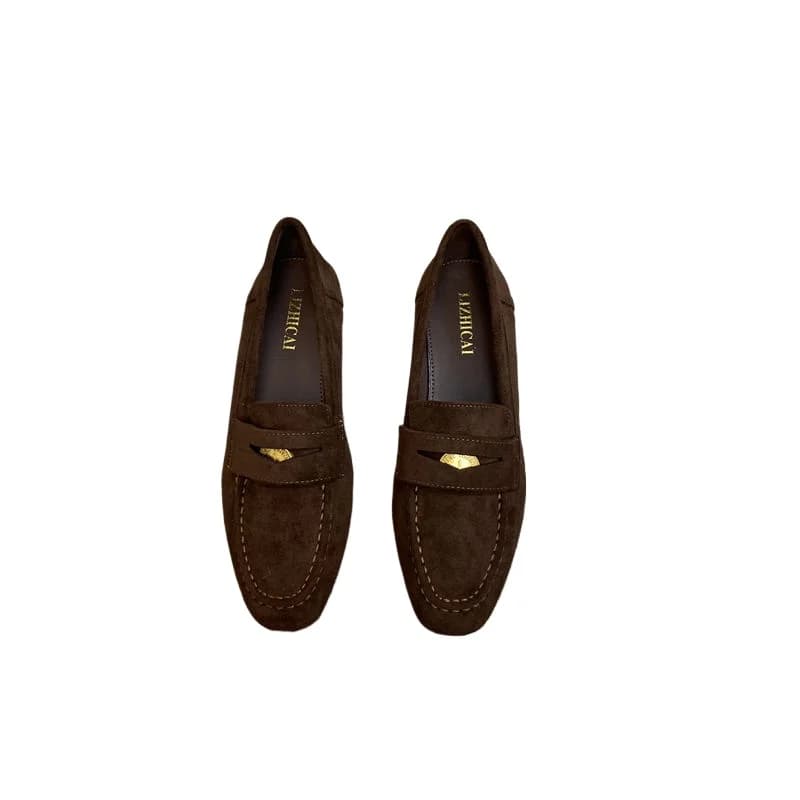 2025 Primavera Piccole scarpe da donna con fondo piatto alla moda e comode Scarpe piccole in pelle marrone stile britannico Scarpe singole in pelle scamosciata