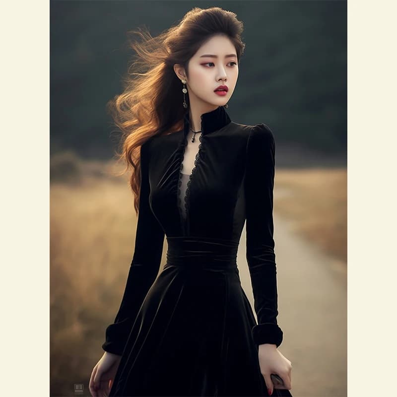 Elegant Black Velvet Dress 2024 New Style High-End Luxury Evening Gown Korean Style High Waist A-Line Skirt Long Sleeve