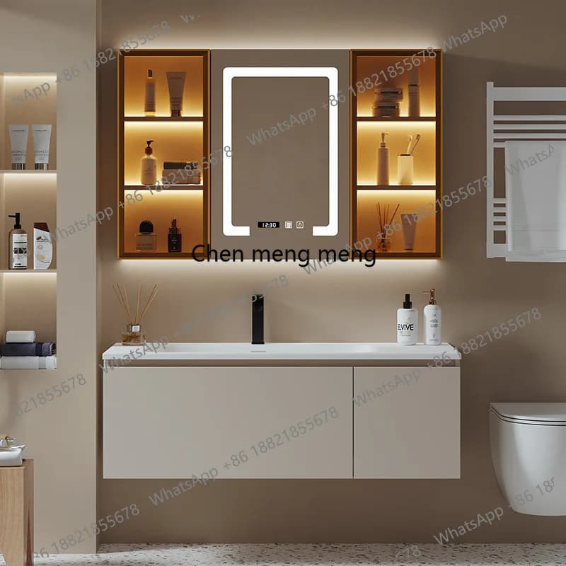 Mobili Bagno con Lavabo Integrato, Armadietti Contenitori, Specchio Smart e Combinazione Lavabo-Lavandino - Taquilla