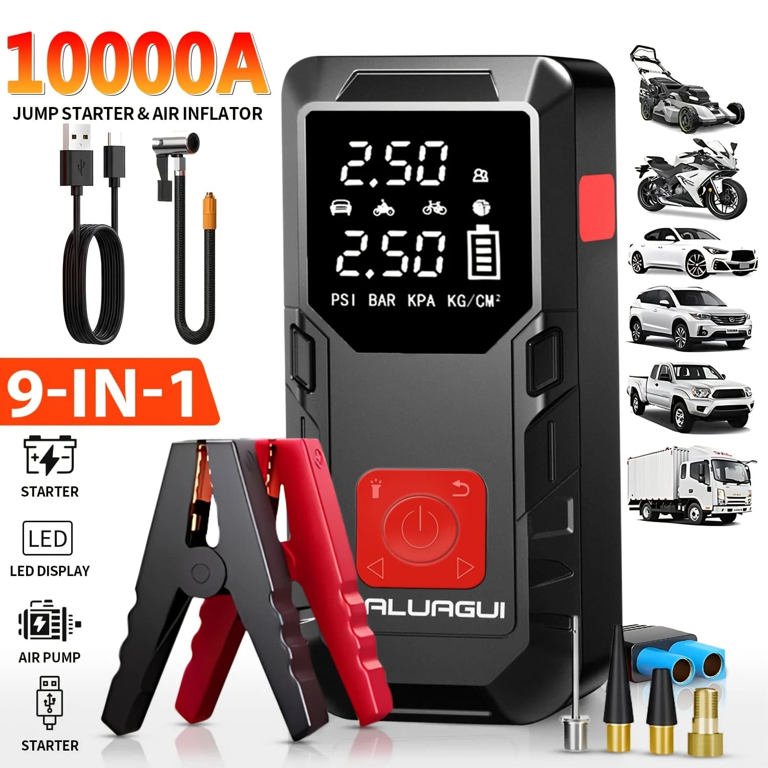Avviatore di Emergenza Multifunzione 9-in-1 da 10000A con Pompa ad Aria, Booster Portatile per Batteria Auto da 150PSL, Gonfiatore Digitale per Pneumatici