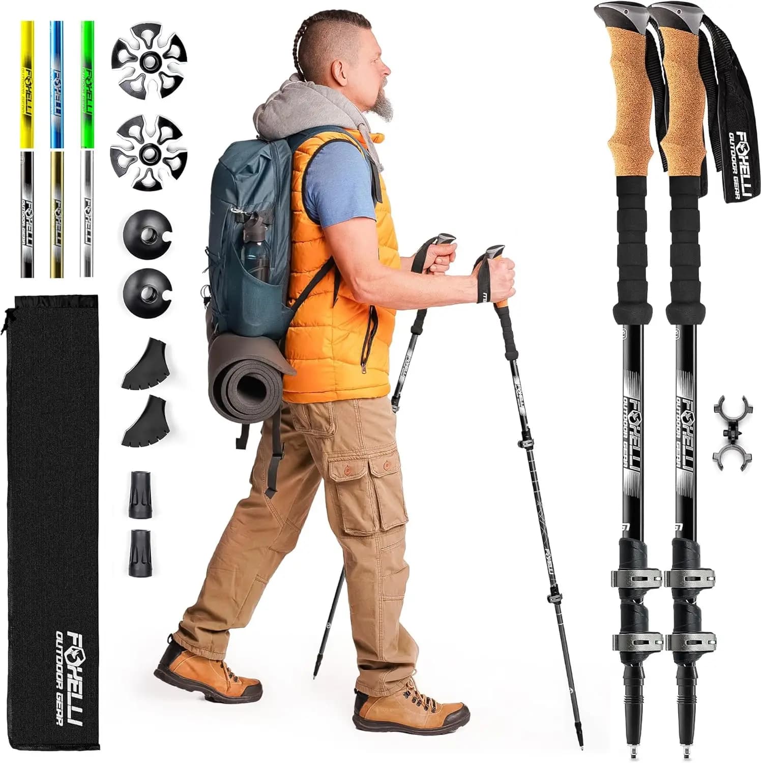 Light trekking poles – Air-grade aluminum, cork grips, fast locking, accessories for all terrain – Pair of 2