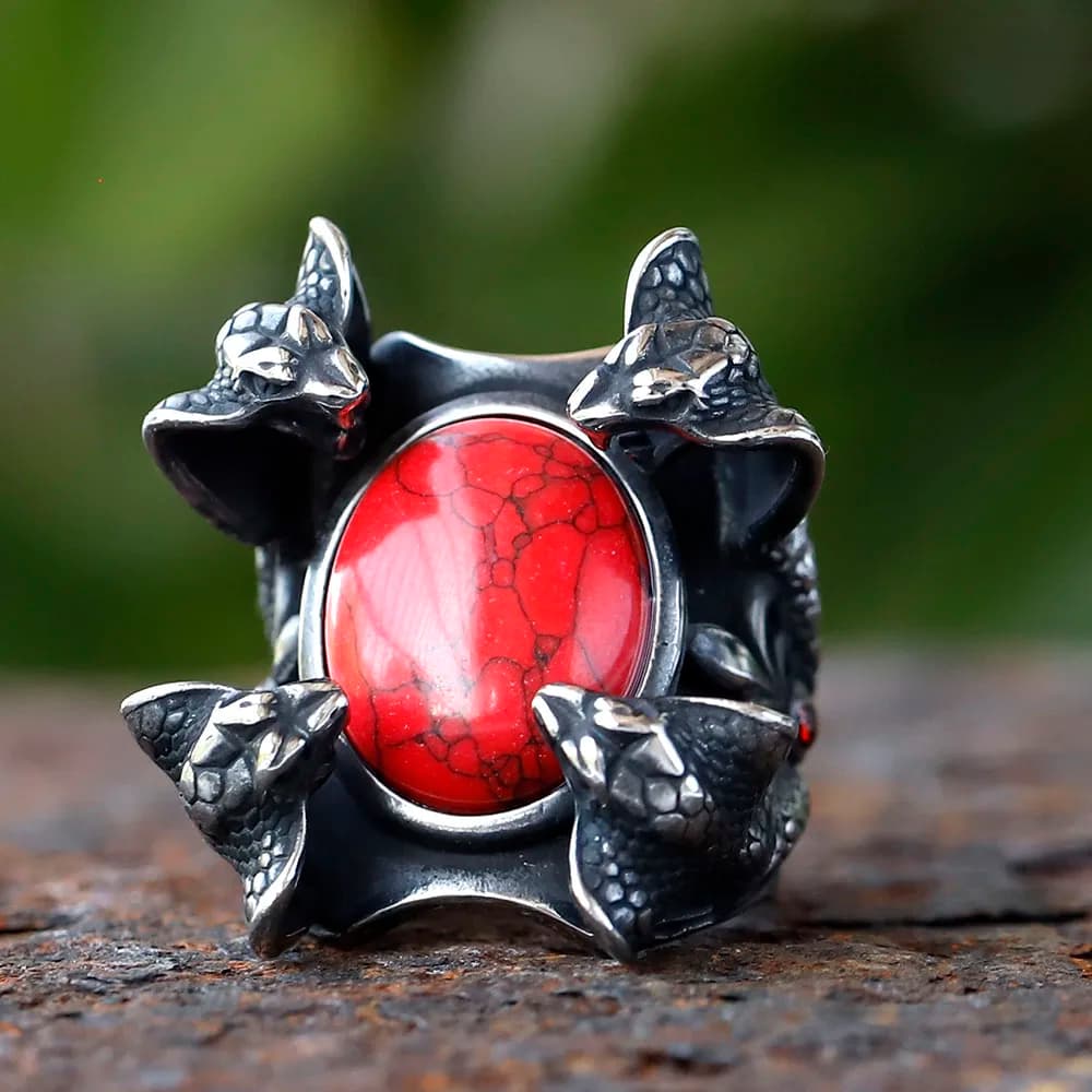2024 Nuovo Creativo In Acciaio Inox 316L Quattro teste di serpente e zircone rosso punk Anello Per Gli Uomini di Moda Biker animale Gioielli Regalo