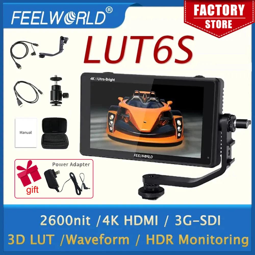 FEELWORLD LUT6S 6 Inch 2600 Ni HDR/3D LUT Touch Screen DSLR Camera Field Monitor Portable Display 3G-SDI 4K HDMI Input Output